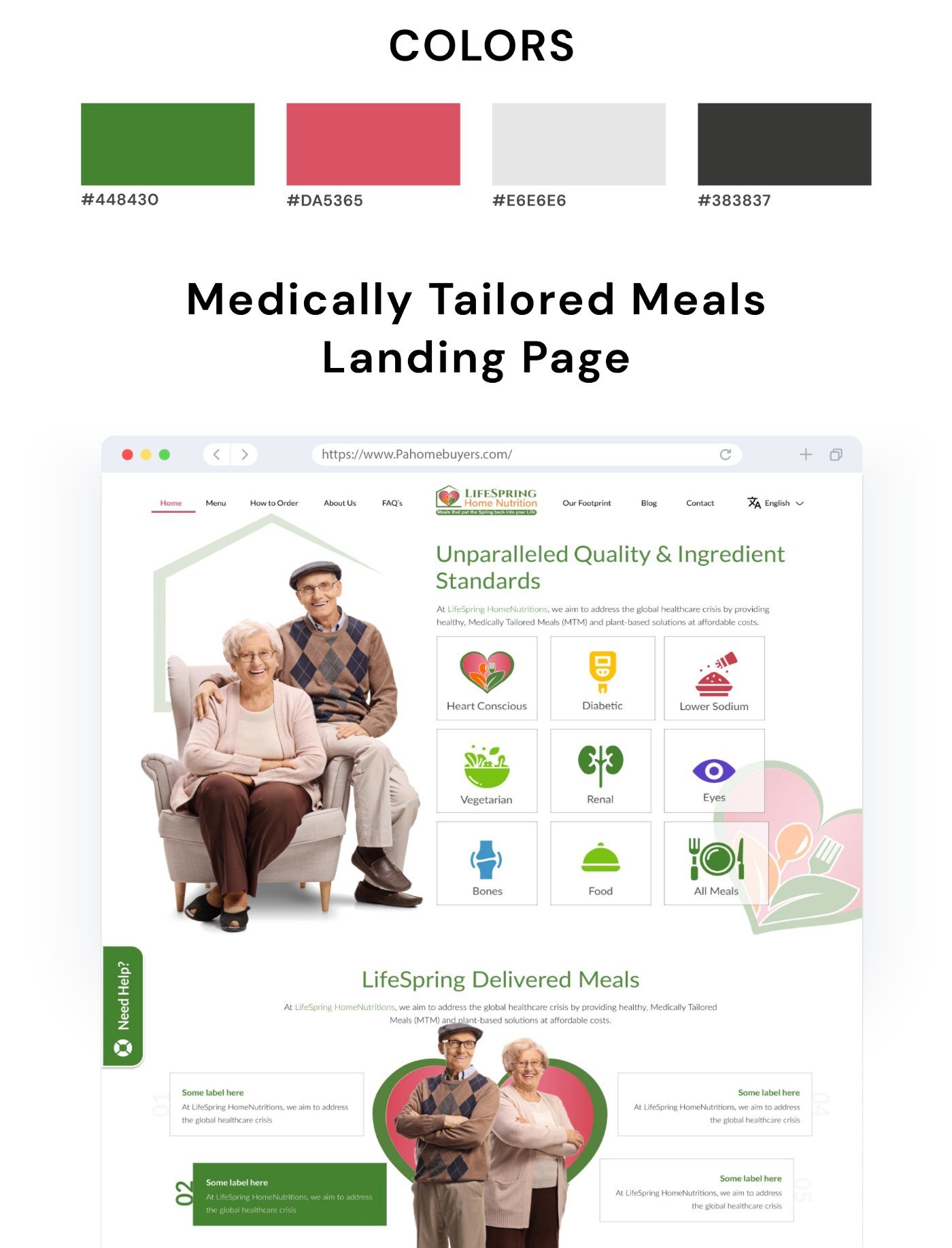 Colour palette and landing page hero, condition categories and delivered meals