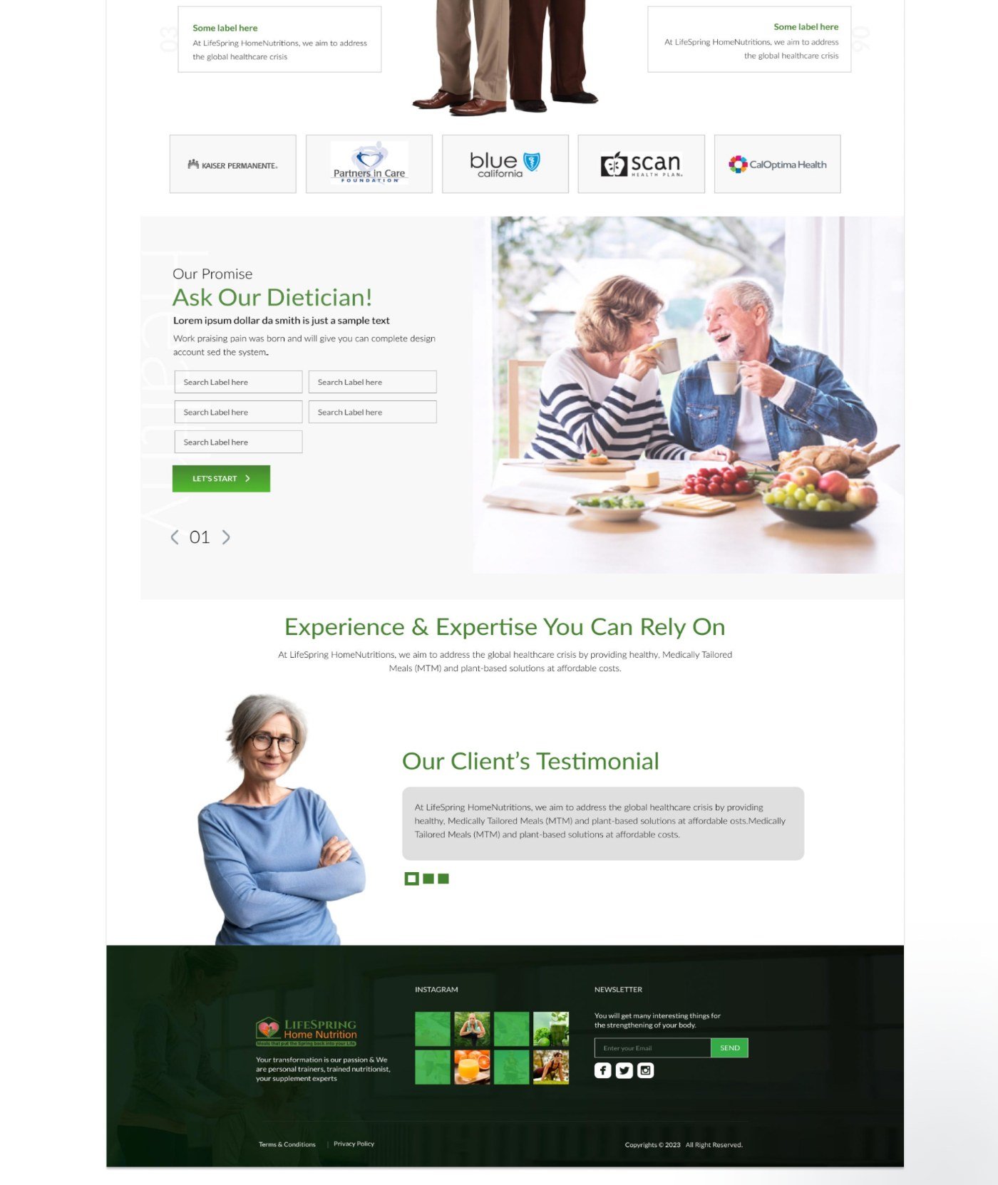 Landing page partners, Ask Our Dietician form, expertise section and footer