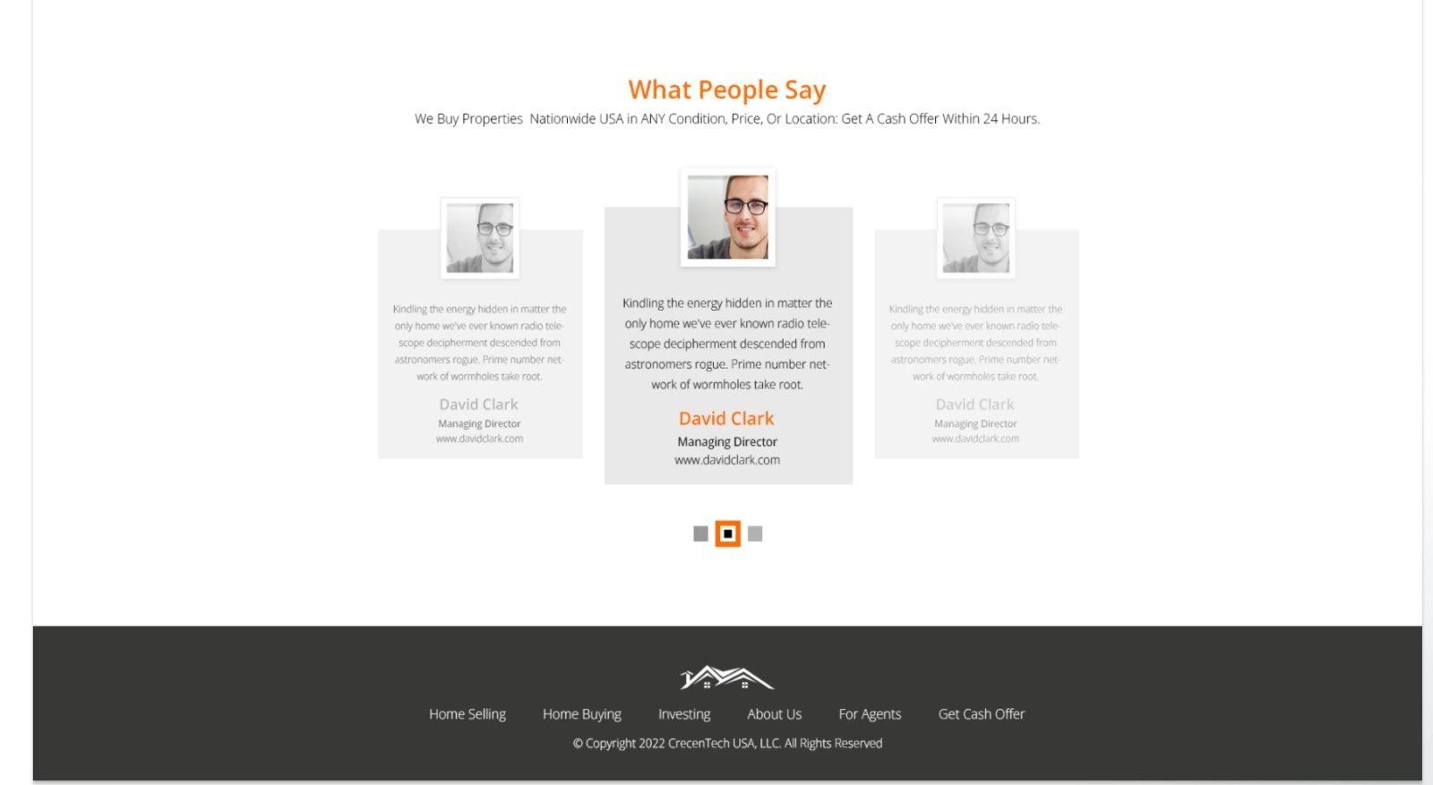 Testimonials carousel and footer