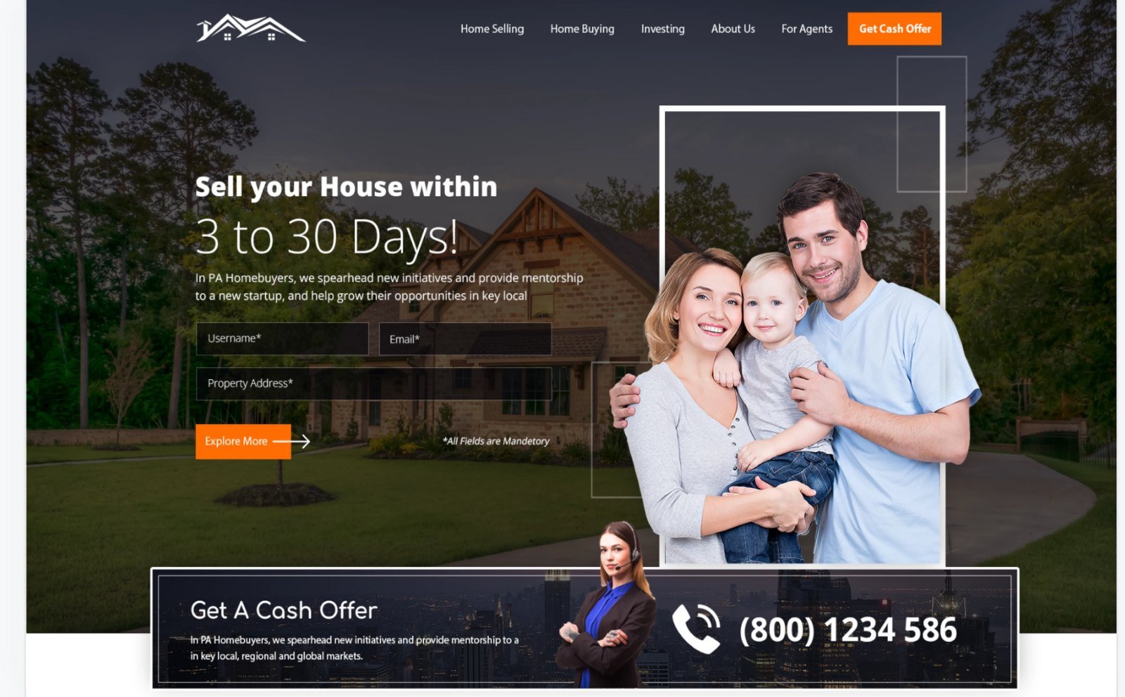 Hero with lead form and Get a Cash Offer bar