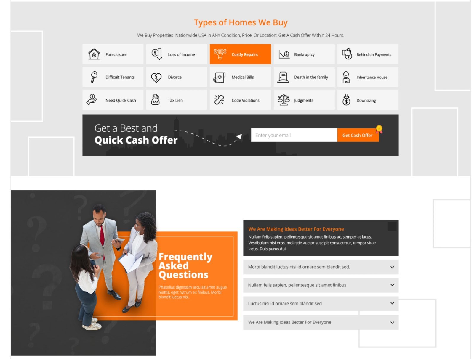 Types of homes we buy, quick cash offer band and FAQ